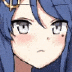a close up of a anime girl 's face with blue hair and a crescent moon on her head .