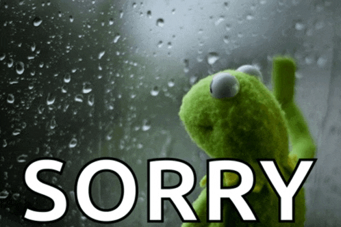 kermit the frog is standing in front of a window with rain drops and the word sorry