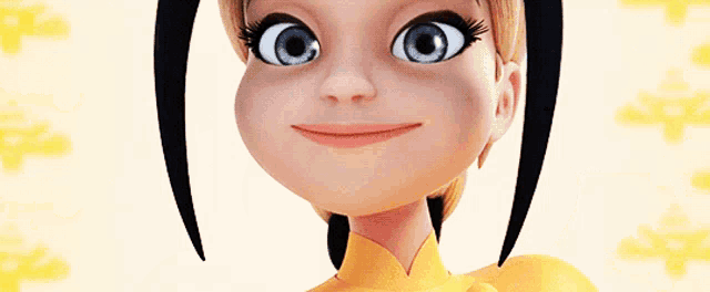 a close up of a cartoon character 's face with a smile on her face