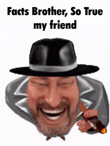 a man wearing a hat and holding a cigar with the words facts brother so true my friend above him
