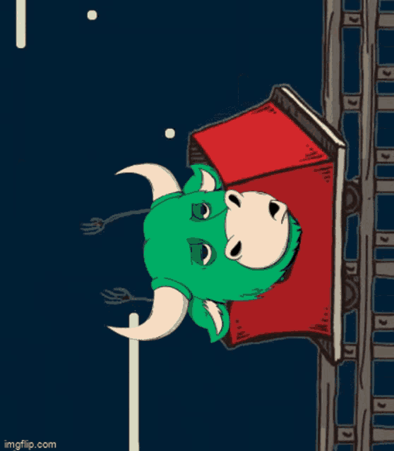 a cartoon drawing of a bull riding a red cart