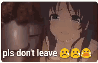 a picture of a girl crying with the words " pls don 't leave " below her