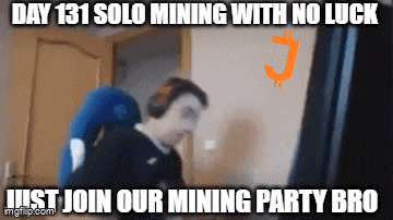 a man is sitting in front of a computer with the words day 131 solo mining with no luck just join our mining party bro written below him