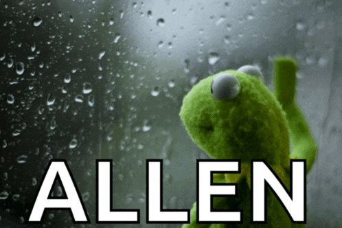 a kermit the frog looking out a window with the name allen written on the bottom