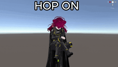 a girl with red hair is sitting on a chair with the words hop on behind her