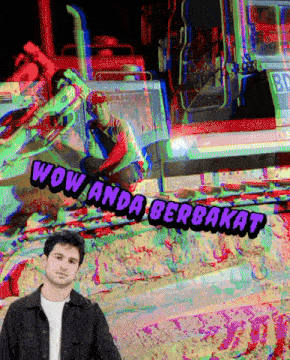 a man stands in front of a colorful background that says wow anda berbakat on it