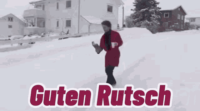 a woman in a red coat is walking in the snow with the words guten rutsch written on the bottom