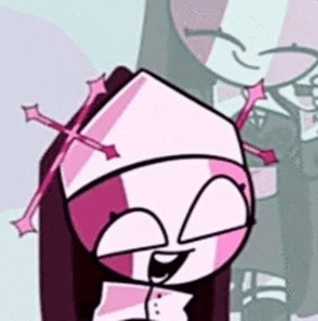 a pink and purple cartoon character with a cross on her head is smiling .