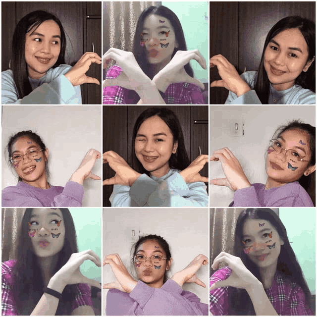 a collage of photos of a girl with butterfly face paint