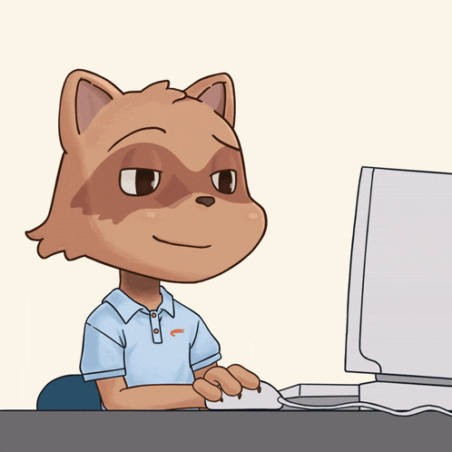 a cartoon drawing of a raccoon sitting in front of a computer monitor