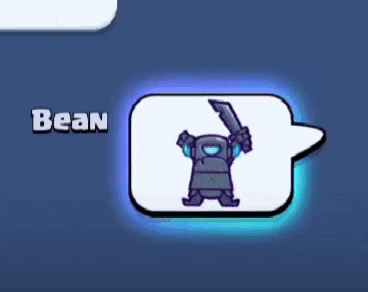 a cartoon character with a sword and a speech bubble that says bean on it