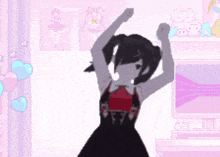 a girl in a black dress is dancing in a room