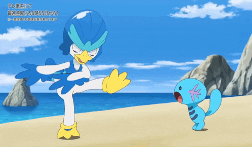 a cartoon character kicking another cartoon character on a beach with chinese writing