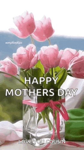 a vase filled with pink flowers with the words `` happy mothers day love you cousin '' .