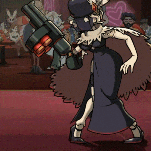 a cartoon of a woman holding a gun in front of a pink heart