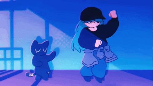 a cartoon of a girl dancing with a cat
