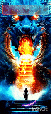 a man stands in front of a dragon with fire coming out of it 's mouth