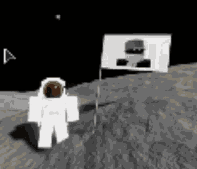 an astronaut is standing on the moon next to a flag with a picture of a man on it .