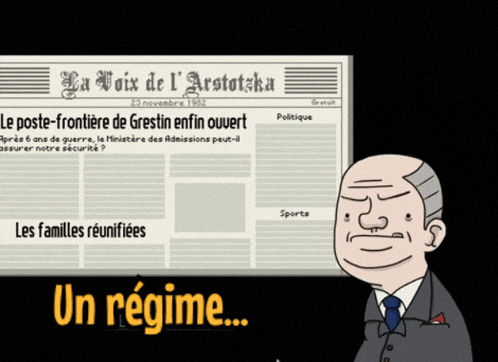a cartoon of a man standing in front of a newspaper that says la voix de l' aristotska