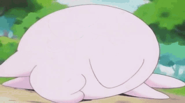 a pink pokemon with blue eyes is walking on a dirt road .