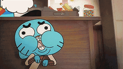 a cartoon character from the amazing world of gumball is sitting on a wooden desk .