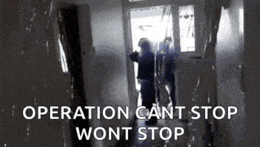 a person standing in a hallway with the words operation can 't stop won 't stop on the bottom