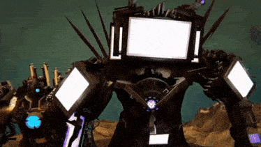 a robot with a large screen on its head and arms