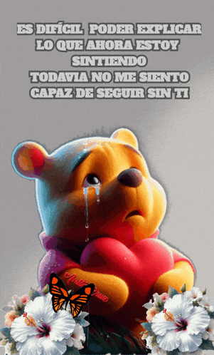 a picture of winnie the pooh holding a heart with flowers and a butterfly