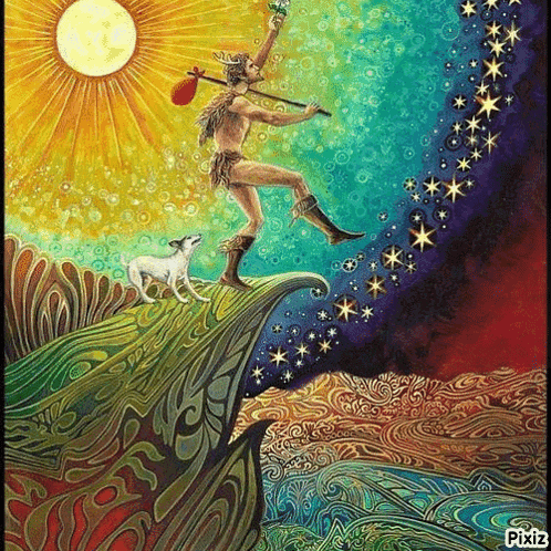 a colorful painting of a man and a dog with pixiz written on the bottom right corner