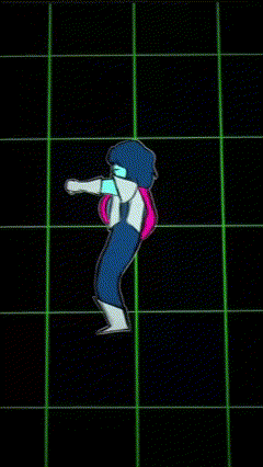 a cartoon character is dancing in front of a green grid .