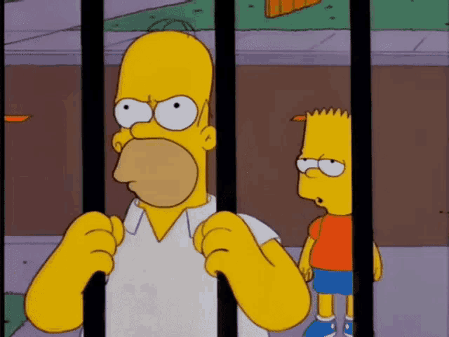 homer simpson is behind bars with bart simpson behind him