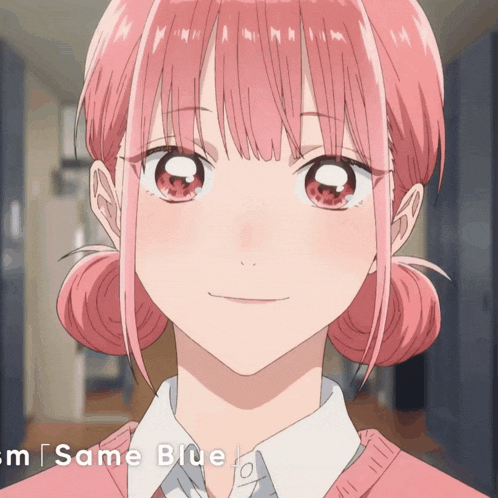 a girl with pink hair is smiling and the words same blue are behind her