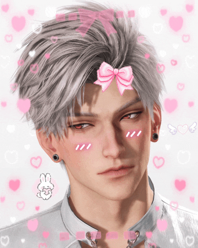 a man with a pink bow on his forehead is surrounded by pink hearts
