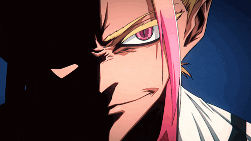 a close up of a person 's face with pink hair and red eyes
