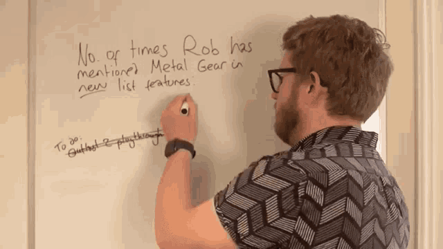 a man writes on a whiteboard that rob has no or times mentioned metal gear in new list features