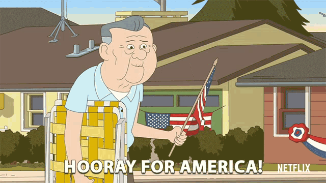 a cartoon of an elderly man holding an american flag with the words " hooray for america " below him