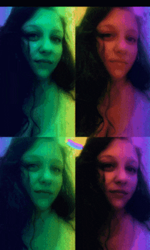 a collage of four pictures of a girl with different colors