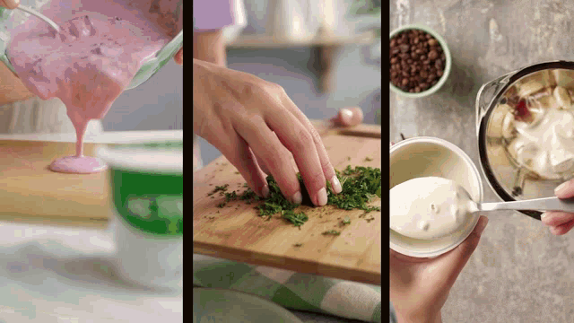 a collage of three photos showing a person pouring a smoothie into a blender
