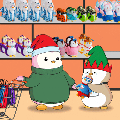 a cartoon of two penguins in a store with one wearing a sweater that says pm on it