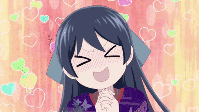 a girl in a kimono is making a funny face with hearts around her