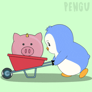 a penguin is pushing a wheelbarrow with a piggy bank inside of it