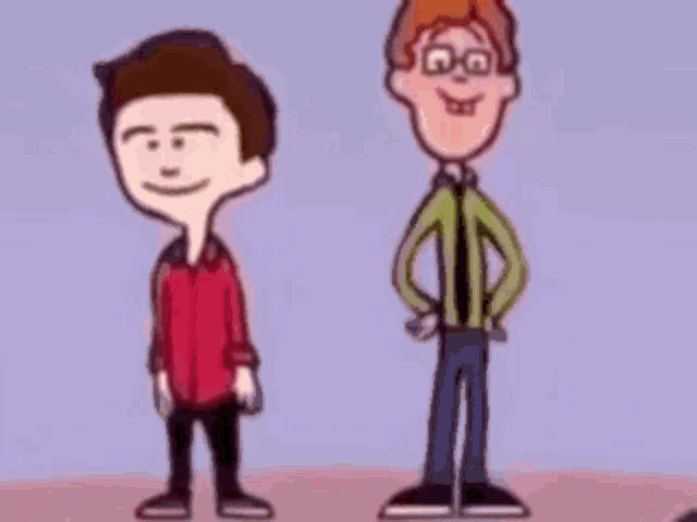 two cartoon boys are dancing together on a stage .