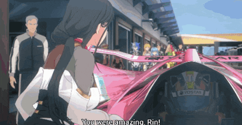 a cartoon character says you were amazing rin in front of a pink race car