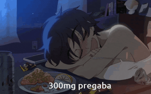 a cartoon of a person laying on the floor with 300mg pregaban written on the bottom right