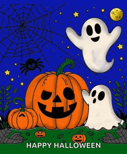 a halloween greeting card with pumpkins , ghosts , and a spider web .