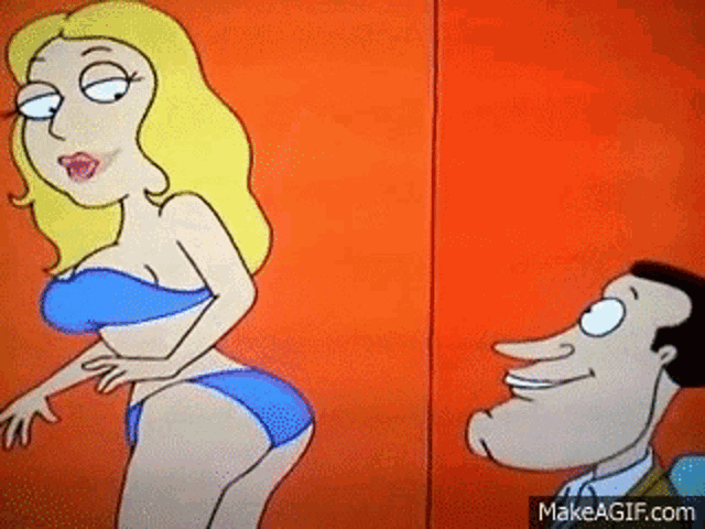 a woman in a bikini is standing next to a man in a suit .