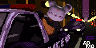 a pixel art of a police car with a purple bunny on top of it