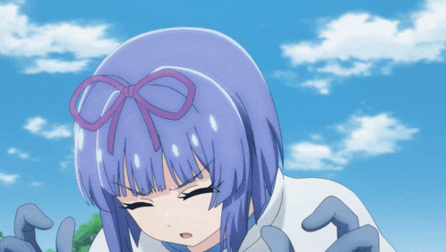 a girl with purple hair and green eyes is wearing glasses and gloves