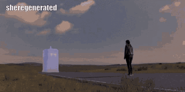 a man stands on the side of a road in front of a police box that says sheregenerated on the bottom