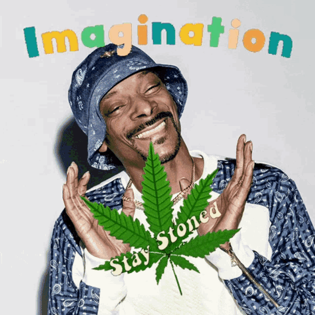 snoop dogg is smiling and holding a marijuana leaf with the words " stay stoned " on it